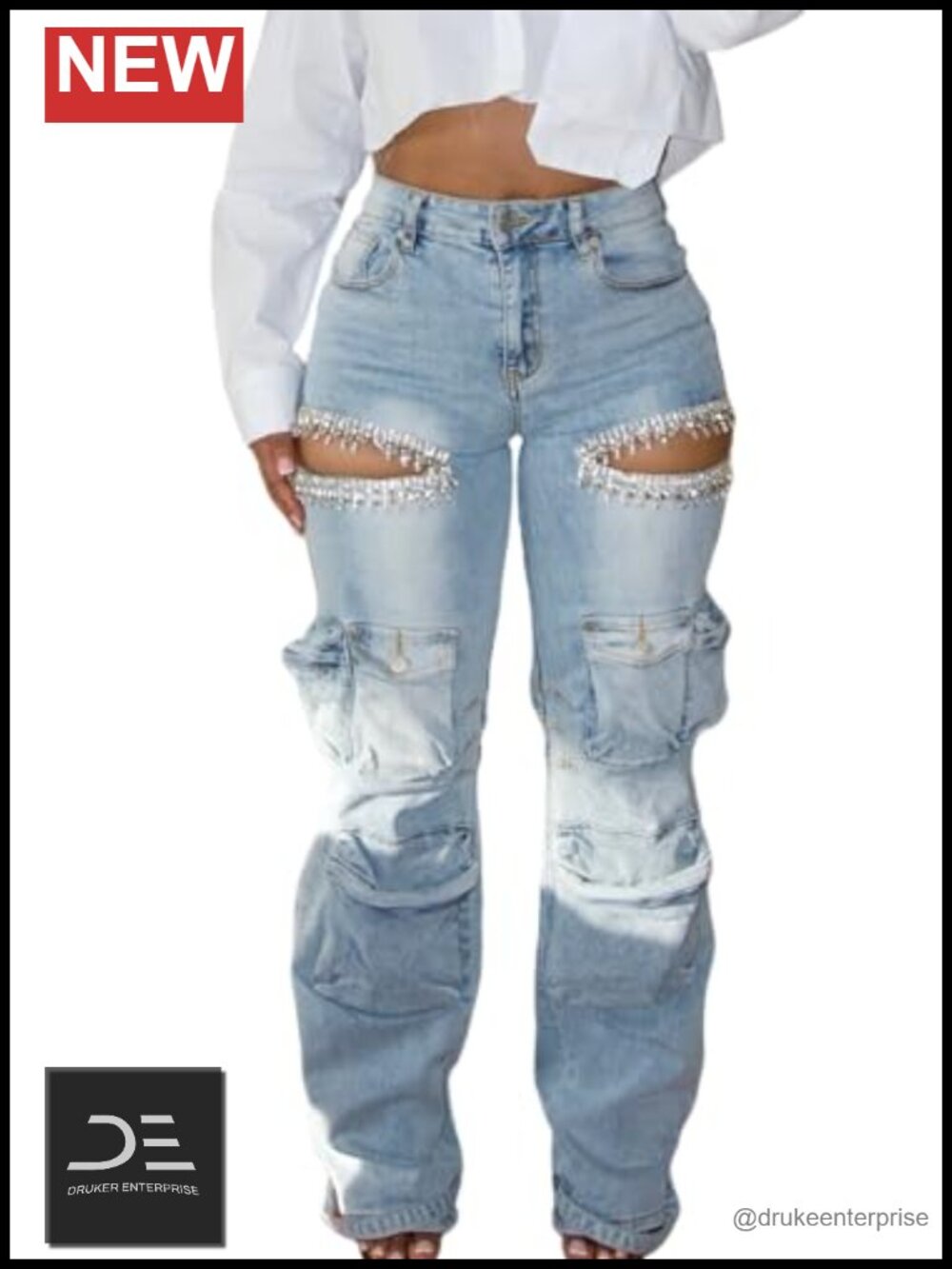 High Waist Rhinestone Cut-Out Cargo Jeans Stretch Denim Wide Leg
